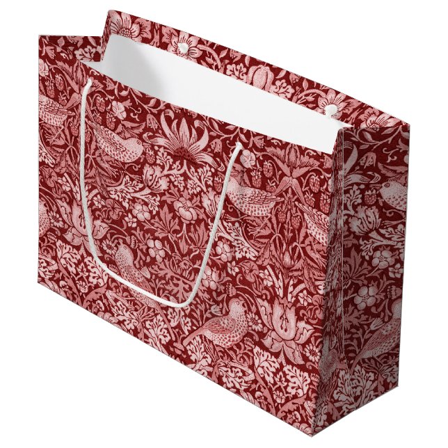 Strawberry Thief Maroon, William Morris Large Gift Bag (Front Angled)