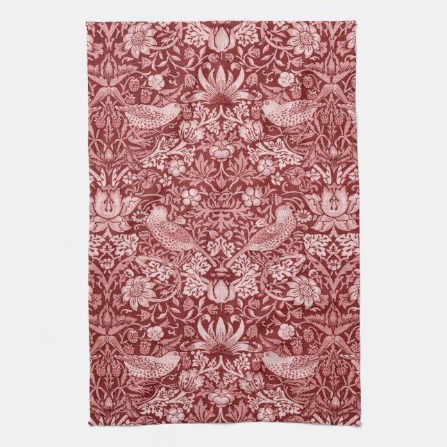 Strawberry Thief Maroon, William Morris Tea Towel (Vertical)