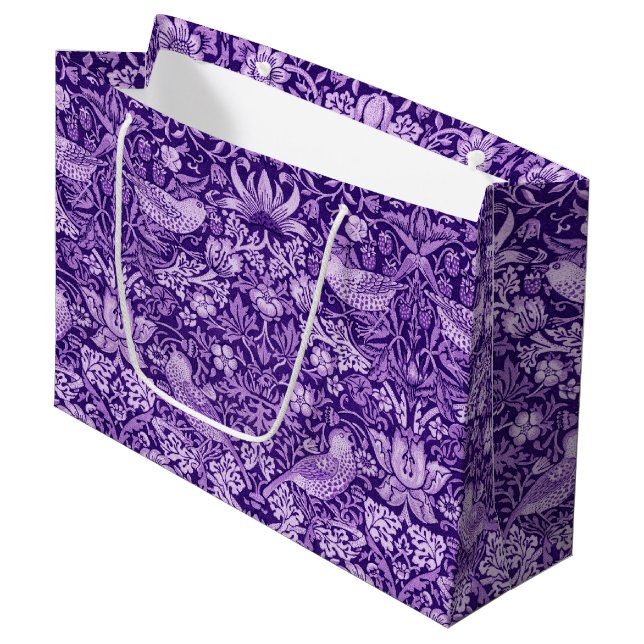 Strawberry Thief Purple, William Morris Large Gift Bag (Front Angled)