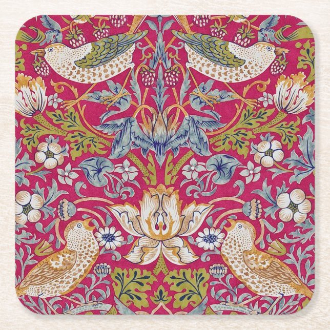 Strawberry Thief, William Morris Square Paper Coaster (Front)