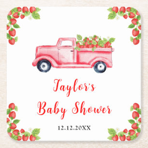 Strawberry Truck Baby Shower Square Paper Coaster