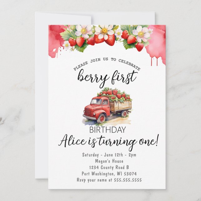 Strawberry Truck Elegance Berry First Birthday  Invitation (Front)