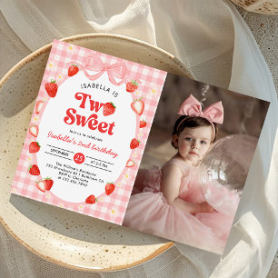 Strawberry Two Sweet Berry 2nd Birthday Photo Invitation