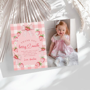 Strawberry Two Sweet Berry 2nd Birthday Photo Thank You Card