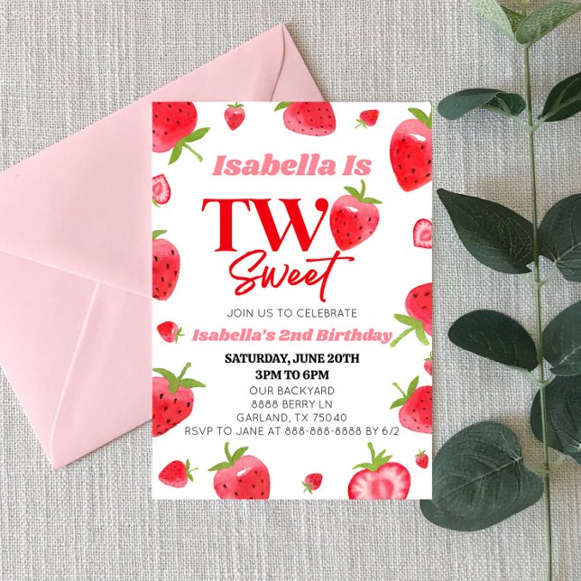 Strawberry Two Sweet Pink Red 2nd Birthday Party Invitation (Creator Uploaded)