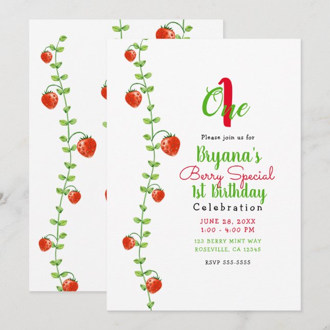 Strawberry Vine Red Berries 1 One 1st Birthday Invitation (Front/Back)