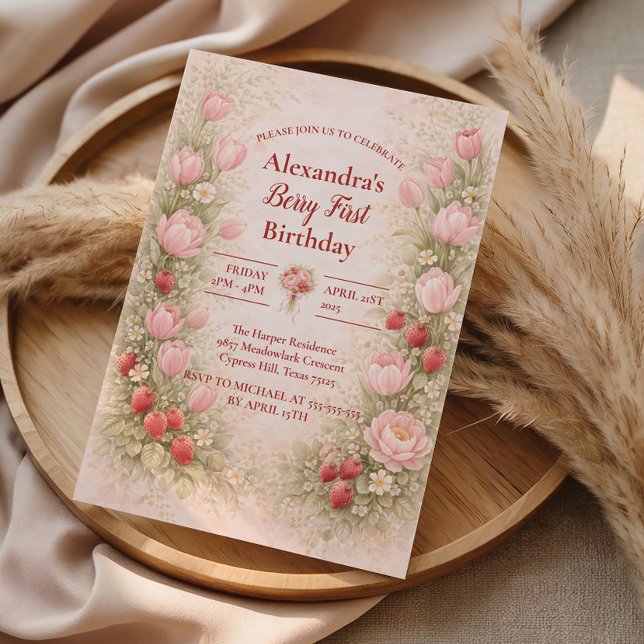 Strawberry Vintage Floral Theme 1st Birthday Invitation (Creator Uploaded)