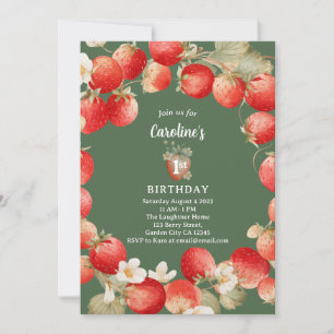 Strawberry Watercolor Berry First Girls Birthday Invitation