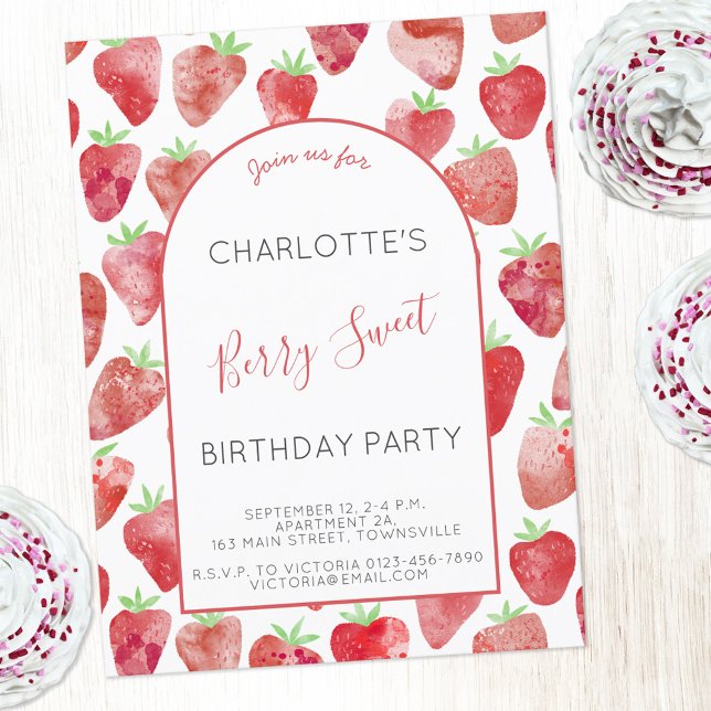 Strawberry Watercolor Birthday Party Invitation Postcard (Strawberry watercolor Berry Sweet personalized birthday party invitation postcard)