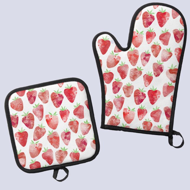 Strawberry Watercolor Oven Mitt & Pot Holder Set (Fun and fresh watercolor strawberry pattern kitchen oven mitt and pot holder)
