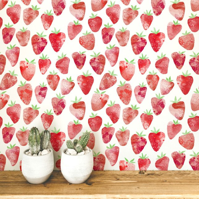 Strawberry Watercolor Pattern Modern Wallpaper (Strawberry watercolor pattern wallpaper)