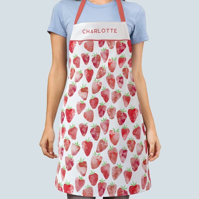 Strawberry Watercolor Personalised Apron (Fun watercolor strawberry pattern personalized name apron)