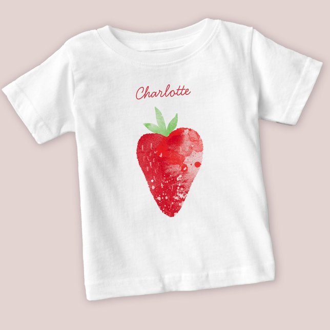 Strawberry Watercolor Personalised Baby T-Shirt (Watercolor strawberry personalized baby and toddler t-shirt)
