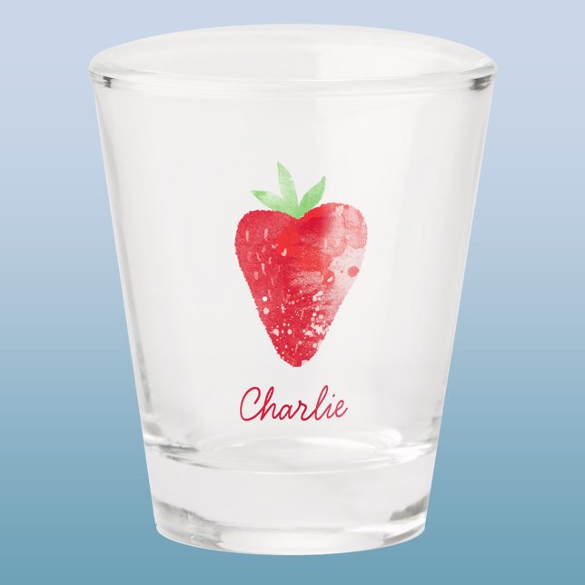 Strawberry Watercolor Personalised Custom Name Shot Glass (Strawberry watercolor art personalized custom name script font shot glass )