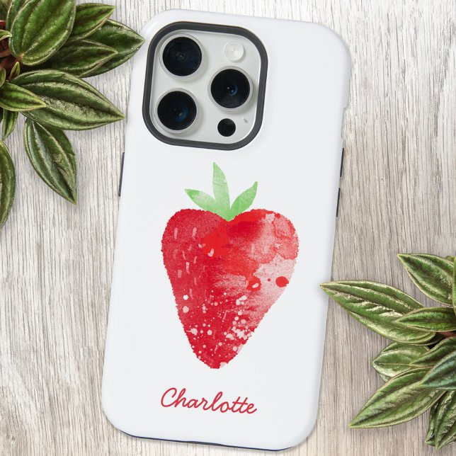 Strawberry Watercolor Personalised iPhone Case (Personalized script name watercolor strawberry art cell phone case)