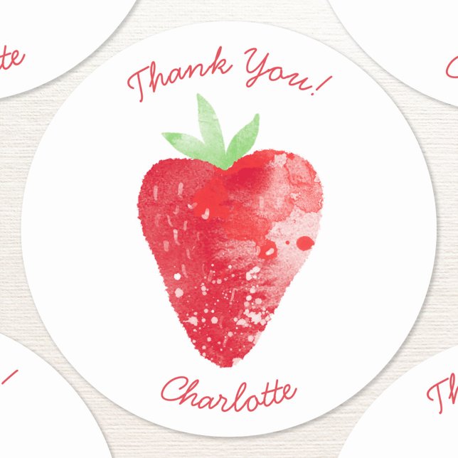 Strawberry Watercolor Personalised Thank You Classic Round Sticker (Fresh watercolor strawberry art personalized custom text thank you sticker)