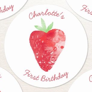 Strawberry Watercolor Personalized First Birthday Classic Round Sticker