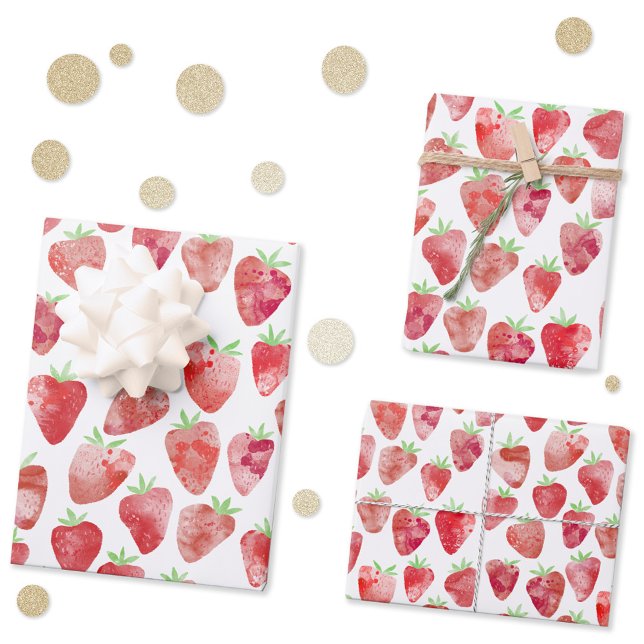 Strawberry Watercolor Wrapping Paper Sheet (Strawberry watercolor pattern gift wrapping paper with original art by Nic Squirrell)