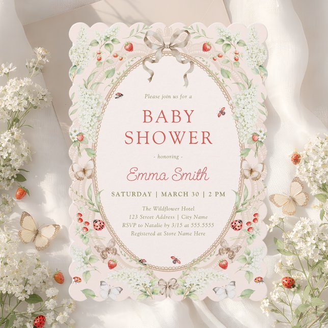 Strawberry Wildflower Lace Frame Baby Shower Invitation (Creator Uploaded)