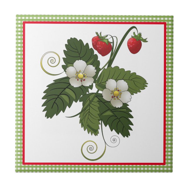 Strawberry with Gingham Kitchen Decorative Ceramic Tile (Front)