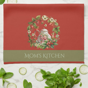Strawberry Wreath and Tea Pot Mum's Kitchen Tea Towel