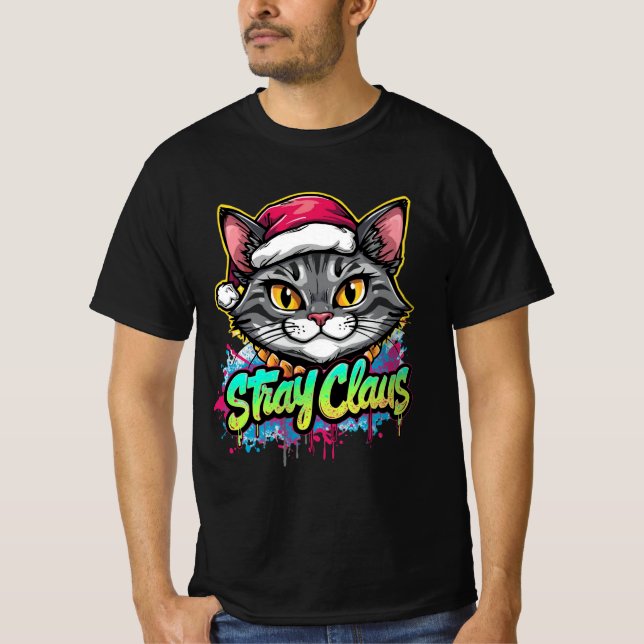 Stray Claus – Graffiti Christmas Cat Design T-Shirt (Front)