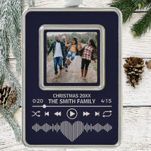 Streaming Music Player Blue Photo Holiday Silver Plated Framed Ornament