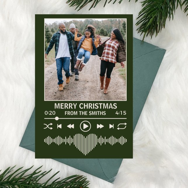 Streaming Music Player Green Photo Christmas Holiday Card (streaming music player themed holiday christmas card with space for christmas family photo)