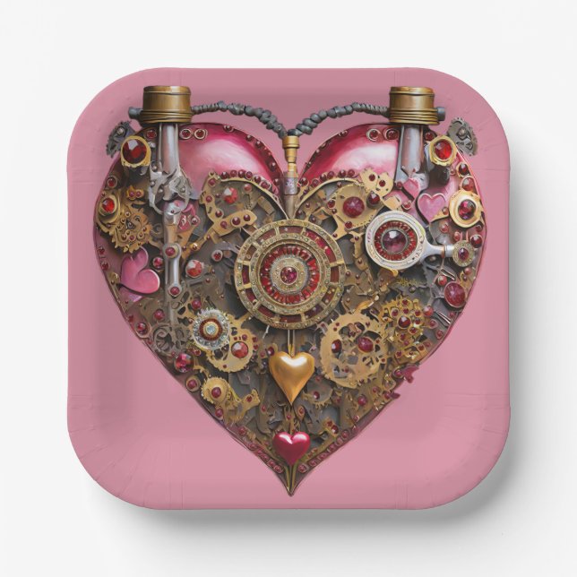 Streampunk Heart Ruby Valentine Paper Plate (Front)