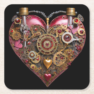 Streampunk Heart Ruby Valentine Square Paper Coaster