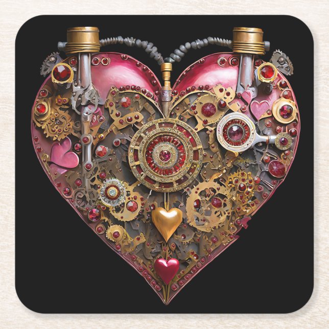 Streampunk Heart Ruby Valentine Square Paper Coaster (Front)