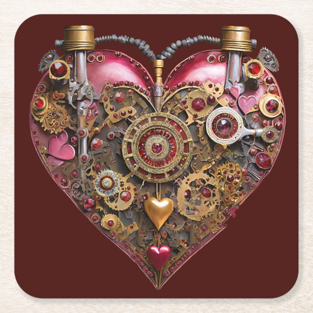 Streampunk Heart Ruby Valentine Square Paper Coaster (Front)