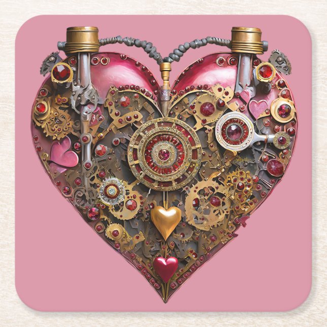 Streampunk Heart Ruby Valentine Square Paper Coaster (Front)