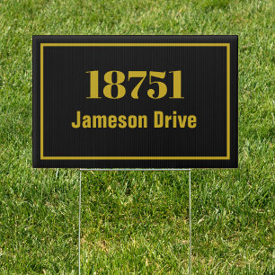Street address house number black and gold garden sign