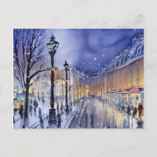 Street at dusk in the winter holiday postcard