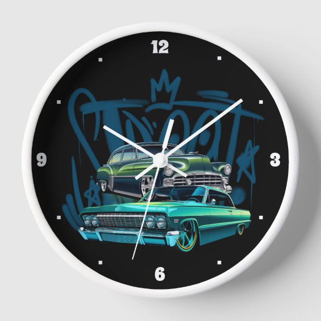 Street Fifties Sixties Vintage Autos Black Trees  Clock (Front)