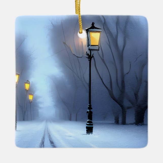 Street Lamps Glowing In Winter Wonderland Ceramic Ornament (Front)