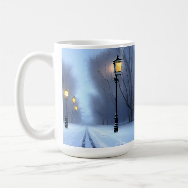 Street Lamps Glowing In Winter Wonderland Coffee Mug (Left)