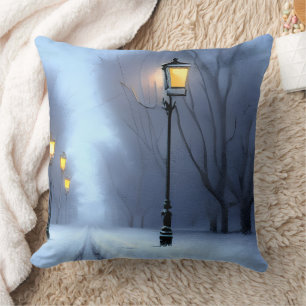 Street Lamps Glowing In Winter Wonderland Cushion