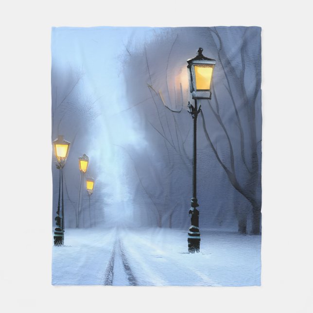 Street Lamps Glowing In Winter Wonderland Fleece Blanket (Front)