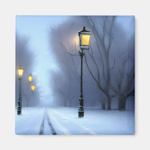 Street Lamps Glowing In Winter Wonderland Magnet
