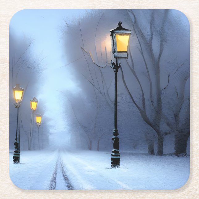 Street Lamps Glowing In Winter Wonderland Square Paper Coaster (Front)