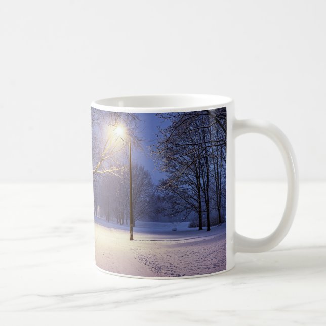 Street lights and covered in snow trees coffee mug (Right)