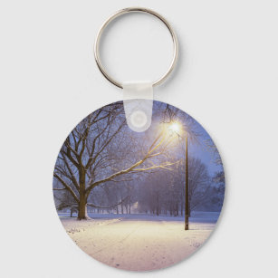Street lights and covered in snow trees key ring