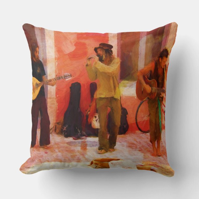 Street Musicians Playing Guitar Mandolin and Flute Cushion (Front)