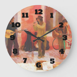 Street Musicians Playing Guitar Mandolin and Flute Large Clock