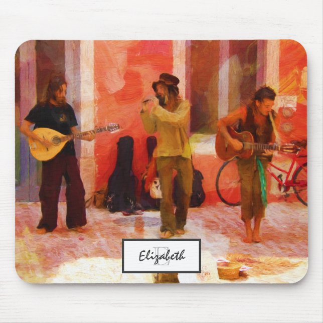 Street Musicians Playing Guitar Mandolin and Flute Mouse Pad (Front)