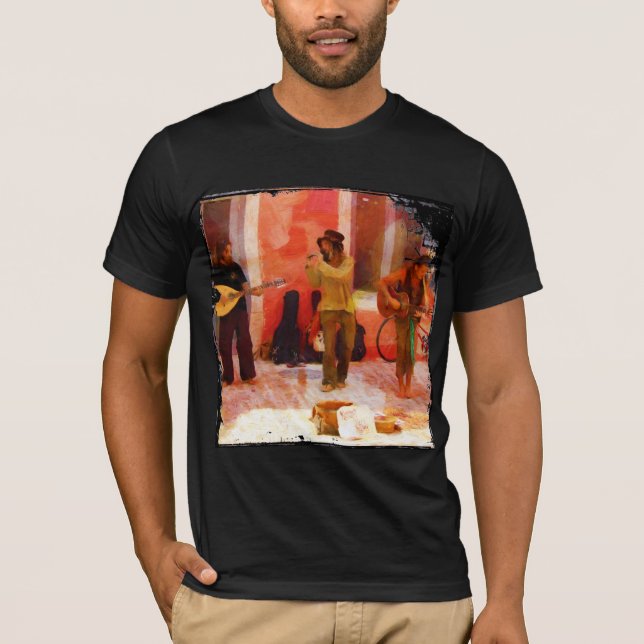 Street Musicians Playing Guitar Mandolin and Flute T-Shirt (Front)