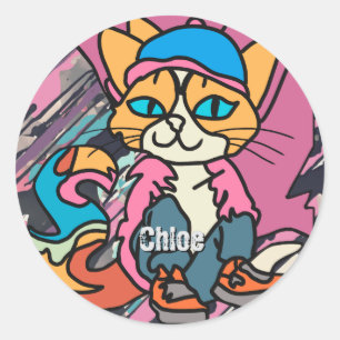 Street Retro Cat, Cap and Sneakers  Funny Classic Round Sticker