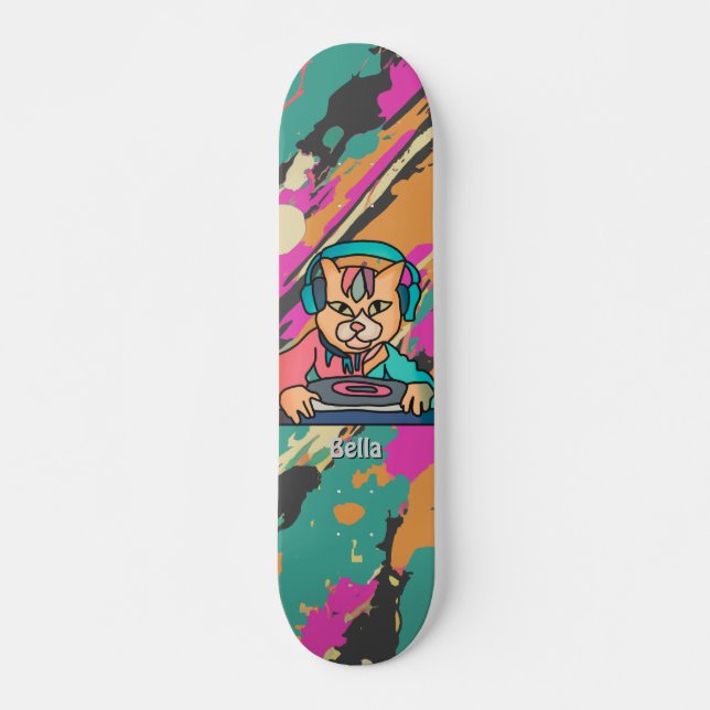 Street Retro Cat with Headphones | Funny Skateboard (Front)